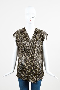 Derek-Lam-Black-Gold-Tone-Silk-Sheer-Square-Print-V-Neck-SS-Top-SZ-12