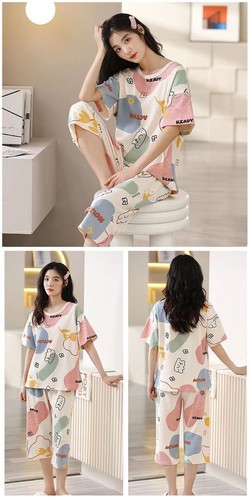 Mujeres Capri Pijama Set Estampado de Dibujos Animados Mangas Cortas Prendas para Dormir Ropa para el Hogar - Imagen 15 de 40