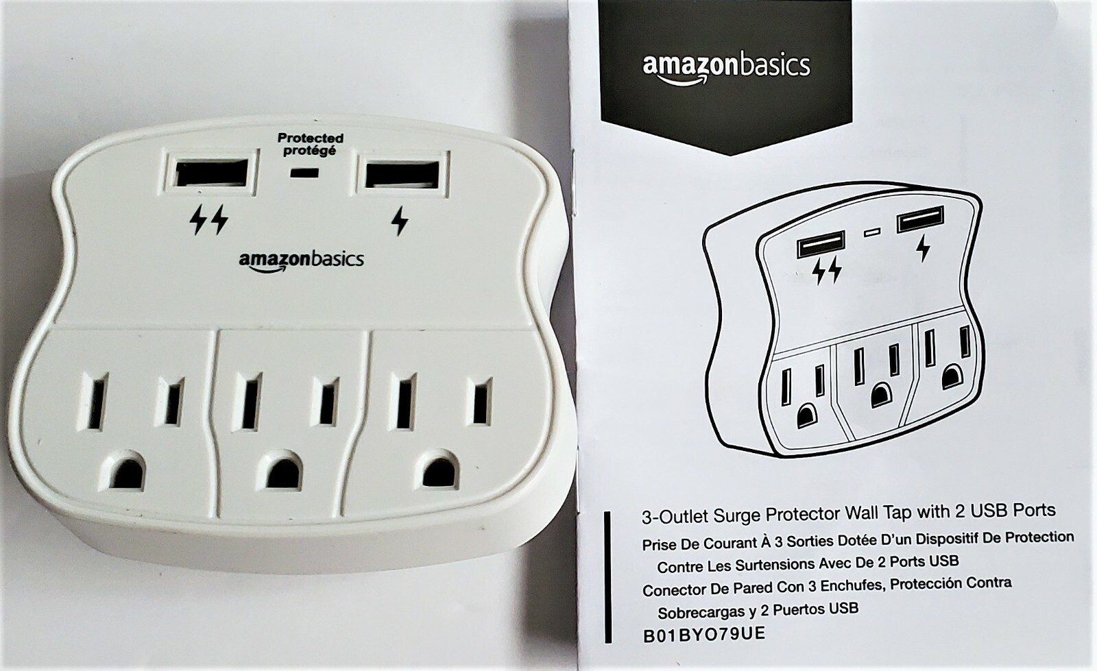 Basics 3-Outlet Surge Protector Wall Tap With 2 USB Ports