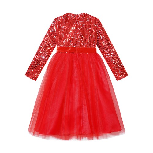 Kids Girls Dress Tulle Hem Flower Girl Long Sleeve Christmas Sequin Formal Ball - Picture 7 of 44