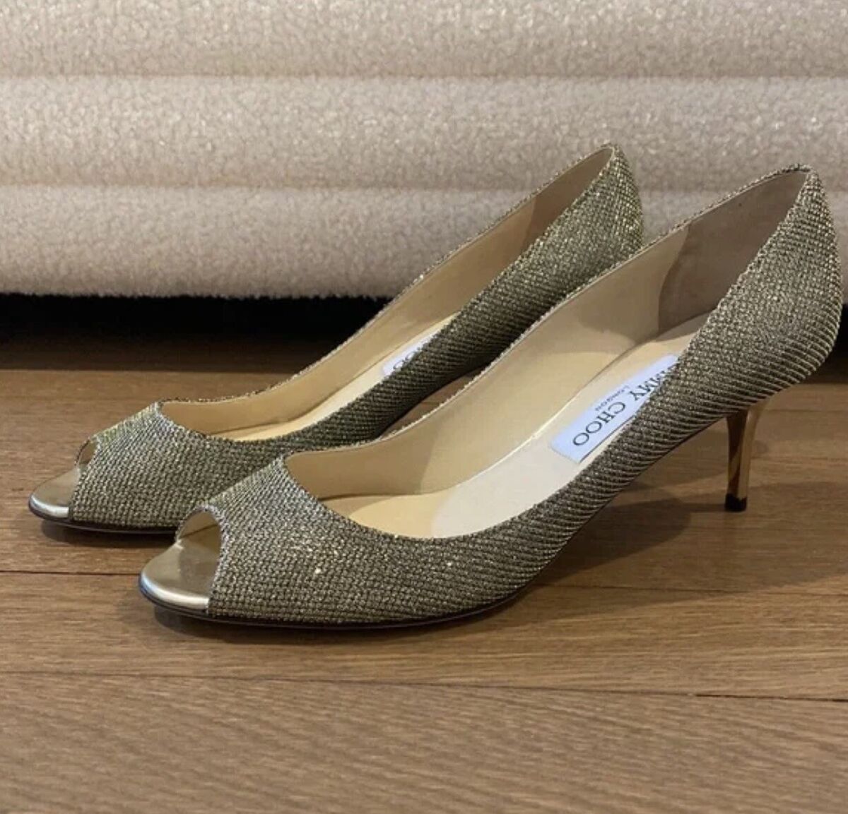 Jimmy Choo Kitten Heel Peep Toe Pumps Size 39 sparkly gold Jimmy Choo Kitten Heel Peep Toe Pumps Size 39 sparkly gold