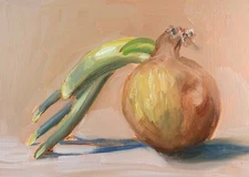 Oil Painting, Sprouting Spring Onion; Original impressionist still life picture.