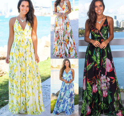 Women Ladies Boho Floral Maxi Dress ...