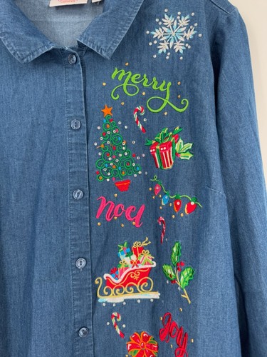 Quacker Factory Blue Cotton X Mas Rhinestone Embroidered Button Top Sz XL - Picture 2 of 6