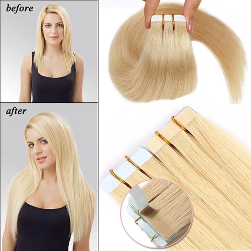 Blond Thick Tape In Russian Real Remy Human Hair Extensions Skin Weft Full Head - Picture 8 of 71