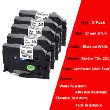5 Pk TZ-231 TZe-231 PT-D210 Compatible Label Maker Tape 12mm for Brother P-Touch