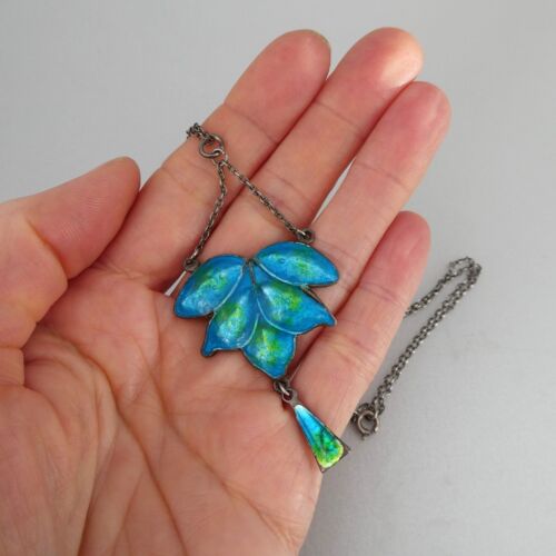Antique ARTS & CRAFTS C1900 Sterling Silver BLUE & GREEN ENAMEL 'LEAF' NECKLACE - Picture 6 of 7