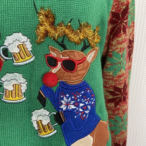 Christmas Sweater Jolly Get Blitzed Reindeer Drinking Beer Green Large - Picture 4 of 10