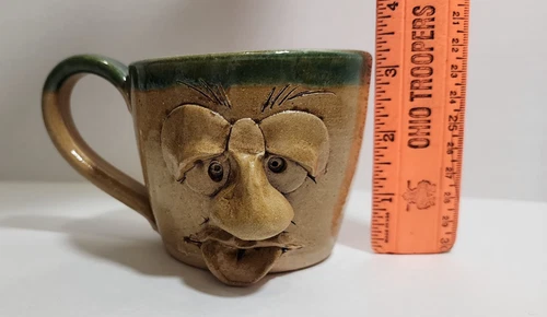 Vtg Ugly Face Tongue Sticking Out Stoneware Mug Art Pottery 3D Design Signed BP