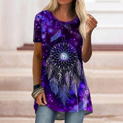 Womens Printed Short Sleeve Tunic Tops T Shirt Ladies Summer Casual Loose Blouse - Picture 9 of 28