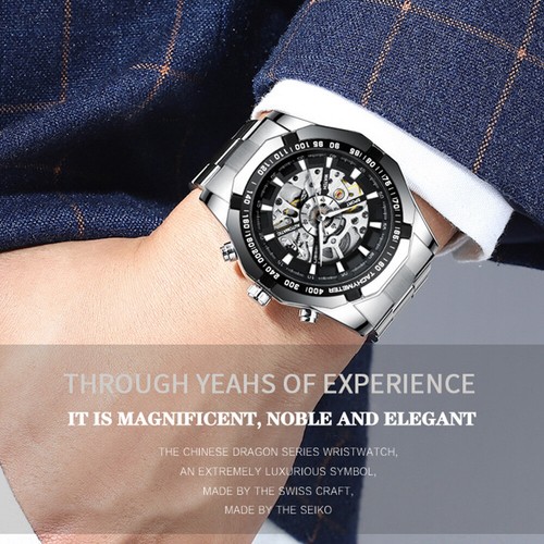 Mens Watches Mechanical Skeleton Stainless Steel Waterproof Automatic Self-Wind - Picture 32 of 35