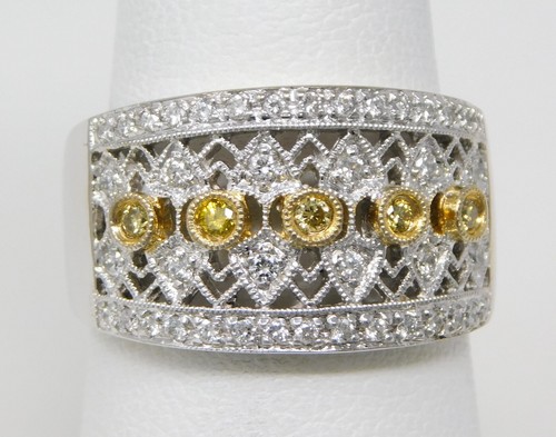 18 kt Multi Gold Wide White & Yellow Diamond Filigree Band Ring Sz 7.5 B6473 - Picture 2 of 7