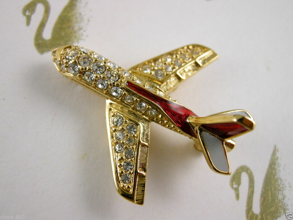 SIGNED SWAROVSKI CRYSTAL AIRPLANE PIN~BROOCH 22KT GOLD