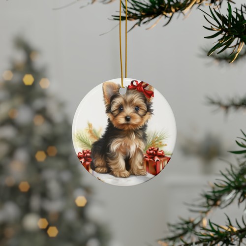 Hanging Ceramic Christmas Tree Ornament - Silky Terrier Puppy Drawing Design - Picture 3 of 4
