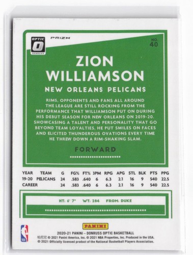 2020-21 Donruss Optic Zion Williamson #40 Hyper Pink - Picture 2 of 2