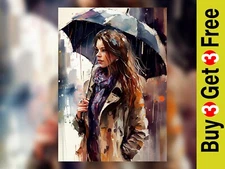 Sheltering Serenity: Watercolor Painting Print of a Woman in Rain 5"x7"