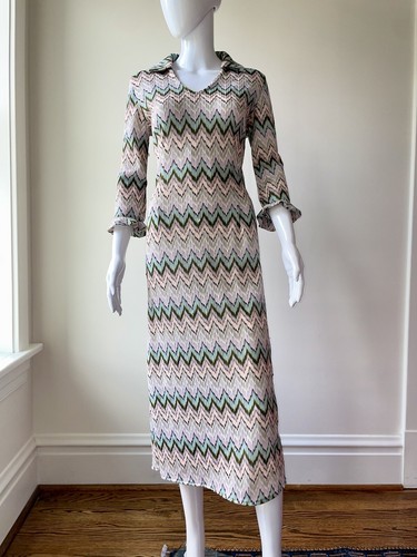 Vintage L 70s Knit Dress Zig Zag Chevron Collared Green Purple Pastel VGUC - Picture 2 of 10