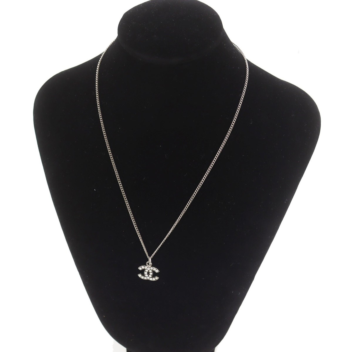 CHANEL CC Logos Used Necklace Rhinestone Silver 08V Vintage