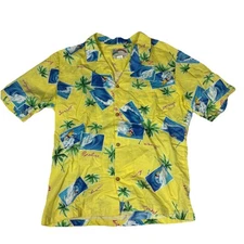 Vintage Paradise Found Hawaiian Shirt Large Aloha Yellow Surf Palm Tree Hawaii