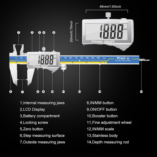 Digital Caliper, Stainless Steel Vernier Caliper Digital, Micrometer Calipers... - Picture 4 of 7