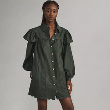 Farm Rio Long-Sleeve Ruffle Shift Dress Size M Anthropologie Hunter Green NEW