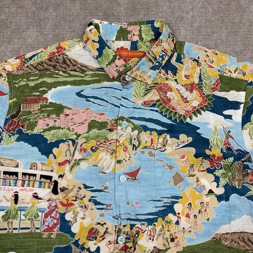 Camisa Tori Richard Aloha Algodón Césped Hawaii Barco Día Laguna Tropical Talla M - Imagen 2 de 9