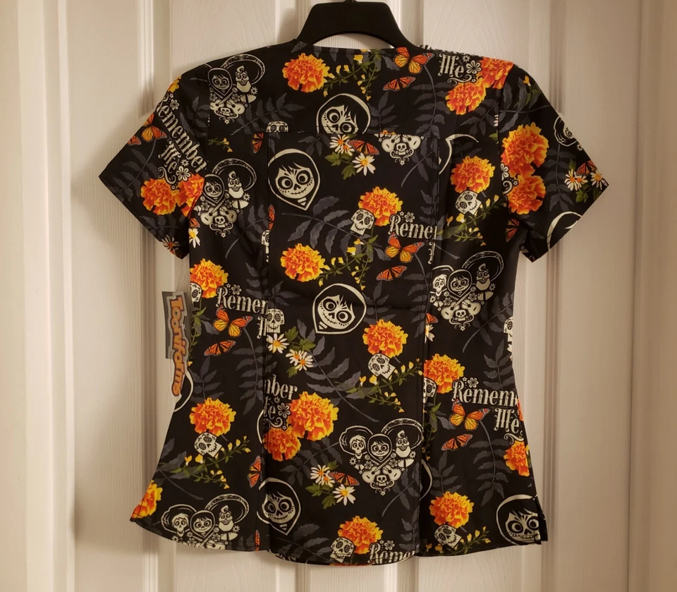 Disney Pixar Coco Scrub Top Day of the Dead Halloween Skull Shirt Small New NWT - Image 2 of 4