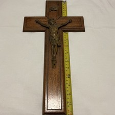 Large Antique Bronze & Hardwood Wall Hanging Crucifix
