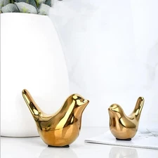 Set of 2 Gold Bird Figurines Ceramic Animal Statues Modern Home Decor Bookshelf