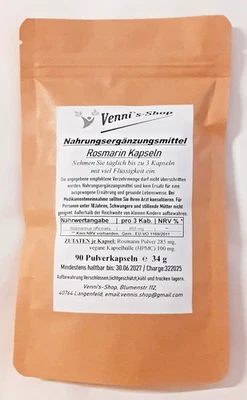 Rosmarin (Rosemarinus officinalis) 90 Kapseln, Immunsystem, vegan, vennis-shop