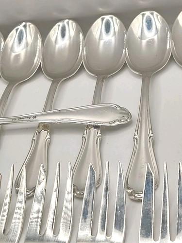 925 Sterling Silber Set mit 12 Gabeln und 12 Teelöffeln. Top Zustand. Gemarkt - Bild 8 von 16