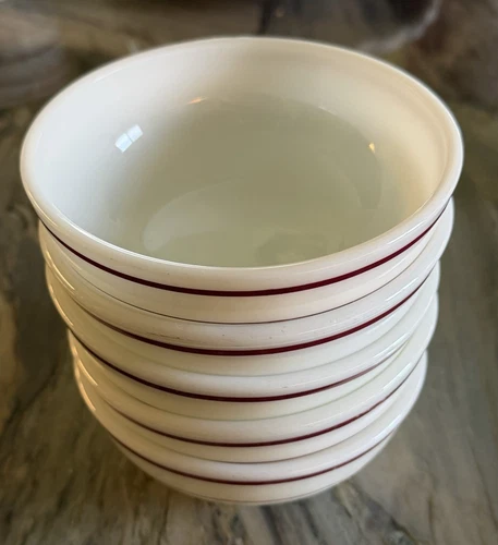 Vintage Milk Glass Soup Cereal Bowls Burgundy Stripes Set of 5 SEE PHOTOS