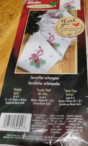 Bucilla Stamped Holiday Santa Napkins Kit Pack of 4 Unopened - Picture 2 of 3