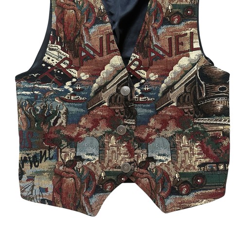 Vintage 90s Tapestry Travel Trains Blanket Themed Academia Vest size Small - Picture 3 of 8