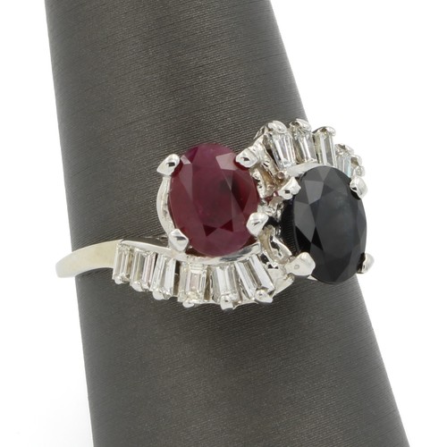 14k White Gold Midcentury Bypass Ruby Sapphire & Baguette Diamond Ring #JB413-5 - Picture 3 of 7