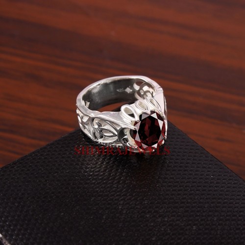 Naturale Granato Gemma Con 14K Placcato Oro Bianco Anello Argento per Uomo #1217 - Foto 7 di 13