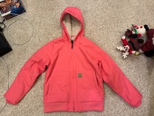 Carhartt Jacket Girls Large Sz 14 Pink Duck Canvas Sherpa Lined Hooded