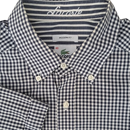 LACOSTE Shirt Mens 15.5 M Dark Blue Gingham Check MODERN FIT SHORT SLEEVE - Picture 3 of 13