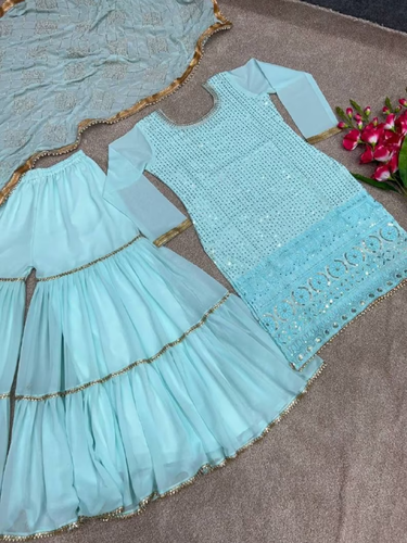 Nuevo Traje Palazzo Georgette Imitación Azul Cielo Presentación Con Dupatta Para Recepción - Imagen 4 de 9