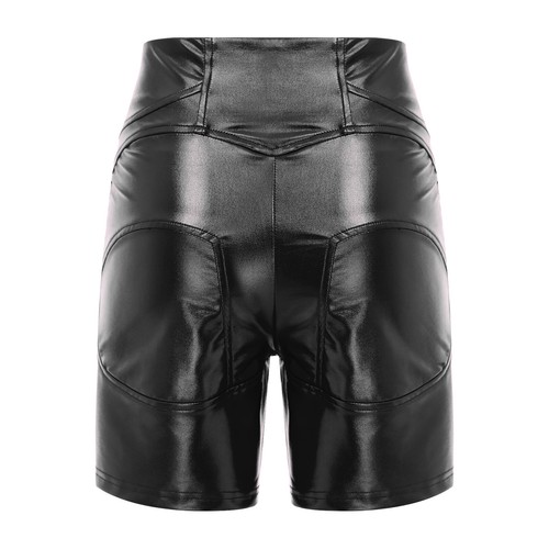 Pantalones Cortos de Motociclista Metálicos Brillantes Cintura Alta Frontal Bolsillos con Cremallera Bodycon para Mujeres - Imagen 8 de 48