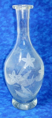 Vintage Clear Etched Frosted Glass Carafe Footed Vase Decor Flowers Leaves 10” - Picture 2 of 6