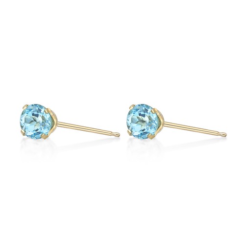 14K Yellow Gold Round Blue Topaz Stud Earrings for Women with Push Backs - 5 mm - Picture 6 of 9