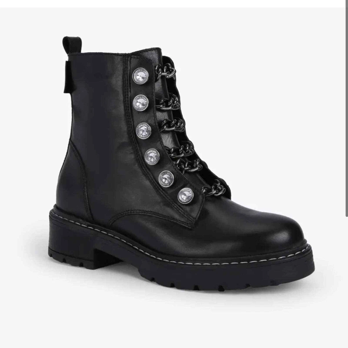 Kurt Geiger Bax Boots Black Leather Crystals Chain Combat Size 7