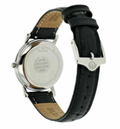 Bulova 96X132 Tono plateado blanco MOP Dial Correa de cuero negro Reloj de vestir para mujer - Imagen 4 de 5