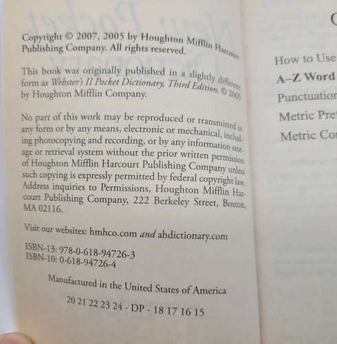 Webster's New Pocket Size Paperback Dictionary by Houghton Mifflin Harcourt 2007 - Picture 6 of 13