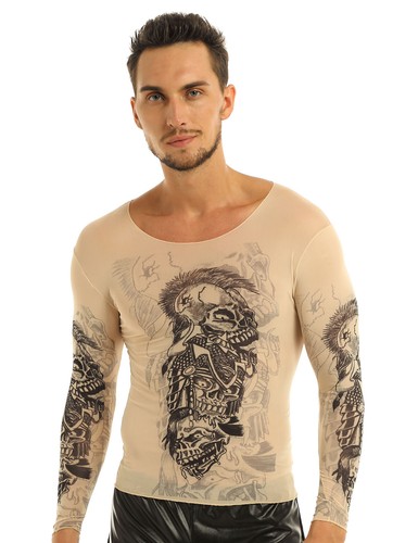 Men's Long Sleeves Fake Tattoo Tribal Inspired Print T-Shirt Tops Undershirts - Picture 5 of 68