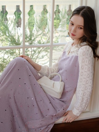 NWT LAVENDER SEQUIN KNIT RUFFLE COLLAR LONG SLEEVES FAIRY MIDI DRESS SIZE S/ M - Picture 8 of 10