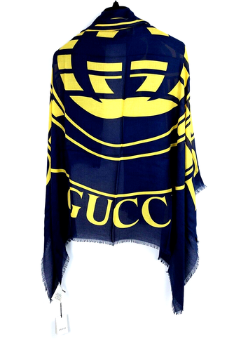 GUCCI SCARF GG LOGO MONOGRAM PATTERN Navy Blue Yellow SHAWL WRAP SQUARE 55" NWT - Picture 2 of 8