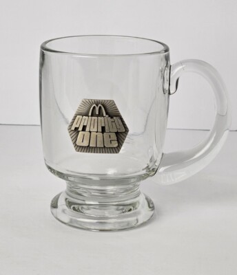 McDonalds Priority One Glass VTG Cup Pewter Seal Mug 80s Pedestal Employee Gift