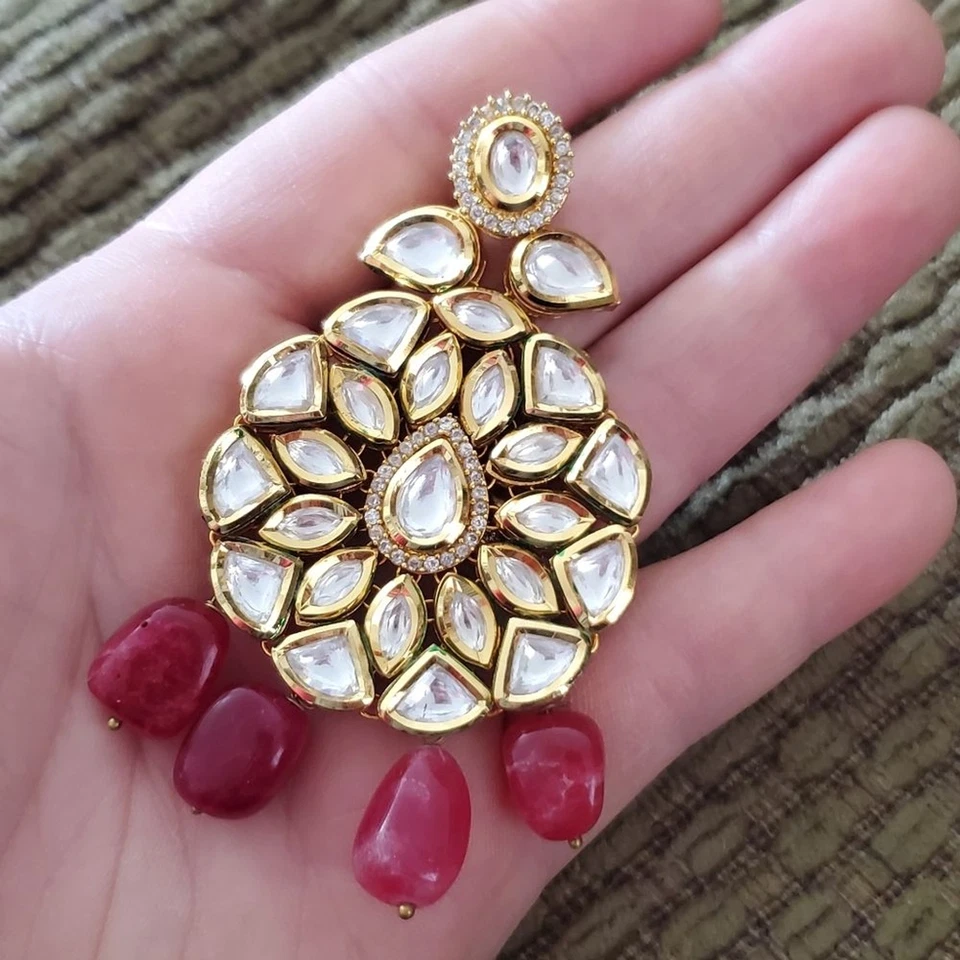 Pendientes colgantes de cadena de tocado Tikka indio tono dorado rosa Foto 3 de 4